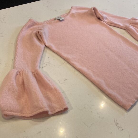 Oats Cashmere 100% Balletcore Pink Ribbed Peplum Bell Sleeve Boat Neck Soft Top - Picture 6 of 7